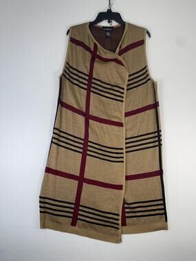 Runway 7 Sweater Vest Womens 3X Beige Plaid Open Front Longline Knit Sleeveless